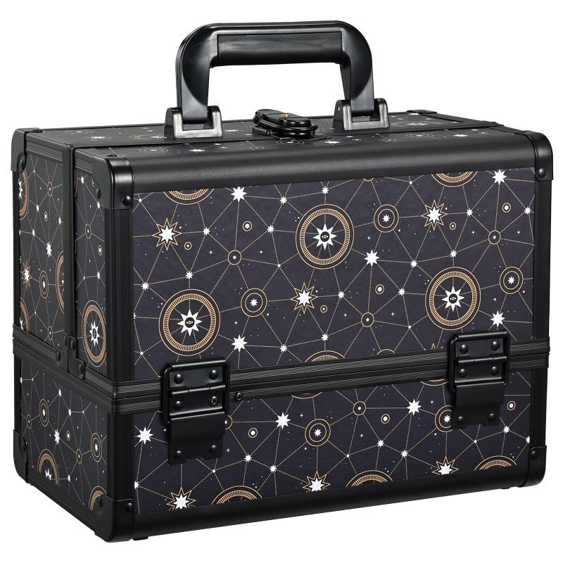 Joligrace 11.8 inch Makeup Train Case Cosmetic Organizer Box Lockable with 3 Trays and a Brush Holder Pattern Collection - Star Chart - Image 1